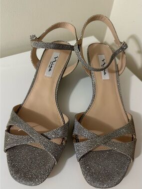 Nina Glitter Open-Toe Ankle Strap Heels in Silver